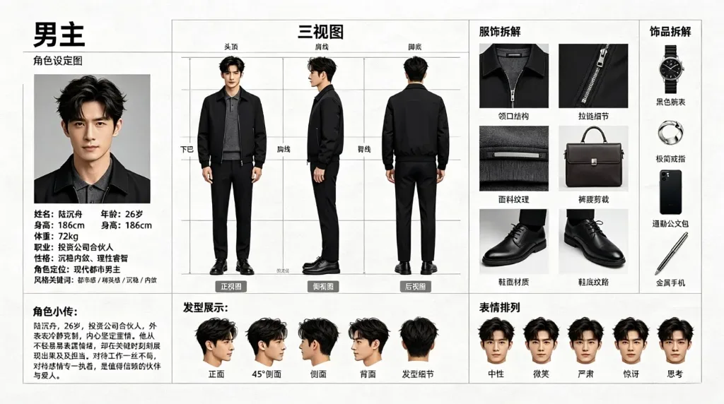 现代视频男性角色板提示词