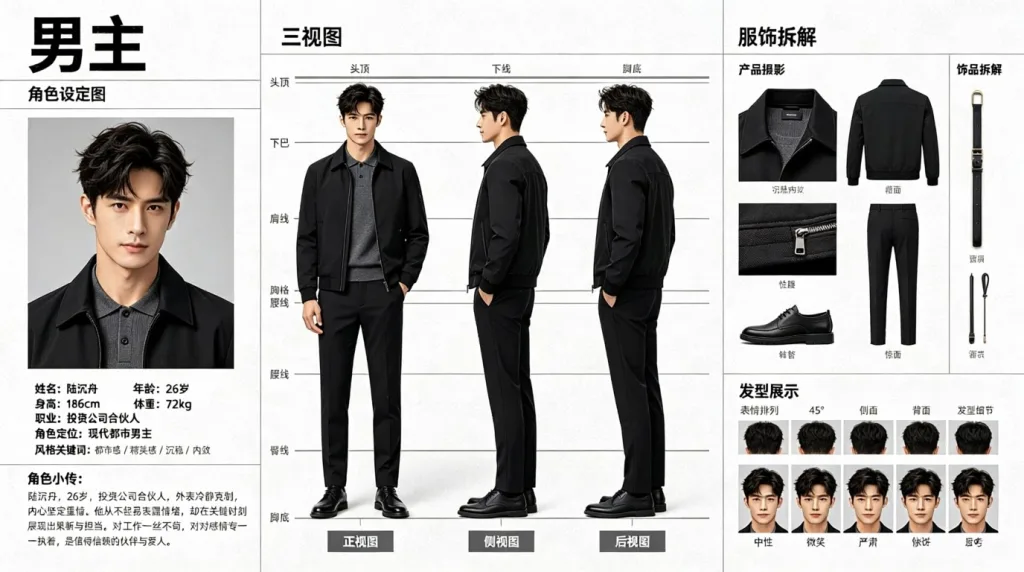 现代视频男性角色板提示词