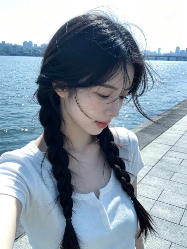 女生湖边低头自拍